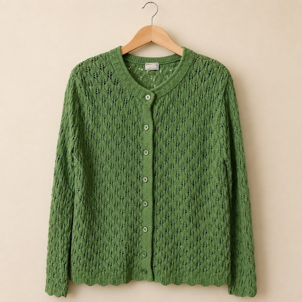 Vintage Haband Women's Green Open-Knit Cardigan Size S Made in USA